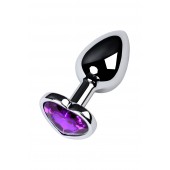 Серебристая коническая анальная пробка с фиолетовым кристаллом-сердечком - 7 см. - ToyFa - купить с доставкой в Нефтекамске