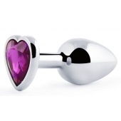 Серебристая анальная пробка с фиолетовым кристаллом-сердечком - 8 см. - Anal Jewelry Plug - купить с доставкой в Нефтекамске