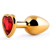 Золотистая анальная пробка с красным стразом-сердечком - 8 см. - Anal Jewelry Plug - купить с доставкой в Нефтекамске
