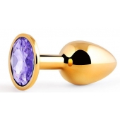 Золотистая анальная пробка с фиолетовым стразом - 7,2 см. - Anal Jewelry Plug - купить с доставкой в Нефтекамске