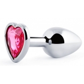 Серебристая анальная пробка с розовым кристаллом-сердечком - 7 см. - Anal Jewelry Plug - купить с доставкой в Нефтекамске