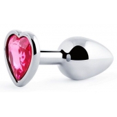 Серебристая анальная пробка с малиновым кристаллом-сердечком - 7 см. - Anal Jewelry Plug - купить с доставкой в Нефтекамске