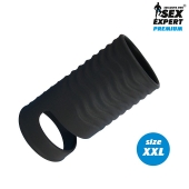Черная открытая насадка на пенис с кольцом для мошонки XXL-size - 9,4 см. - Sex Expert - в Нефтекамске купить с доставкой