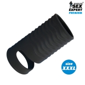 Черная открытая насадка на пенис с кольцом для мошонки XXXL-size - 9,9 см. - Sex Expert - в Нефтекамске купить с доставкой