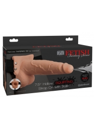 Телесный полый страпон с имитацией эякуляции 7.5  Hollow Squirting Strap-On with Balls Flesh - 21,6 см. - Pipedream - купить с доставкой в Нефтекамске