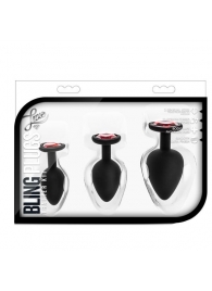Набор черных анальных пробок с красным кристаллом-сердечком Bling Plugs Training Kit - Blush Novelties - купить с доставкой в Нефтекамске