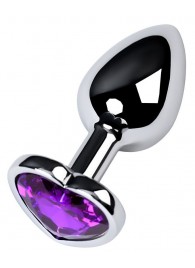 Серебристая коническая анальная пробка с фиолетовым кристаллом-сердечком - 7 см. - ToyFa - купить с доставкой в Нефтекамске