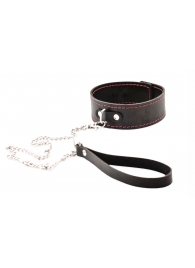 Черный широкий ошейник с красной строчкой и поводком - Crazy Handmade - купить с доставкой в Нефтекамске