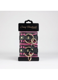 Черные кожаные наручники с розовой строчкой - Crazy Handmade - купить с доставкой в Нефтекамске Черные кожаные наручники с розовой строчкой - Crazy Handmade - купить с доставкой в Нефтекамске