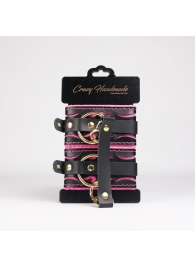 Черные кожаные оковы с розовой строчкой - Crazy Handmade - купить с доставкой в Нефтекамске Черные кожаные оковы с розовой строчкой - Crazy Handmade - купить с доставкой в Нефтекамске