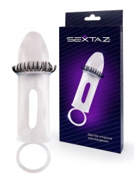 Закрытая насадка на пенис с подхватом мошонки и стимулирующими «ресничками» - Sextaz - в Нефтекамске купить с доставкой