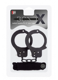 Чёрные наручники из листового металла в комплекте с веревкой BONDX METAL CUFFS LOVE ROPE SET - Dream Toys - купить с доставкой в Нефтекамске