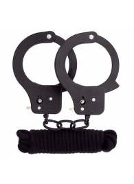 Чёрные наручники из листового металла в комплекте с веревкой BONDX METAL CUFFS LOVE ROPE SET - Dream Toys - купить с доставкой в Нефтекамске