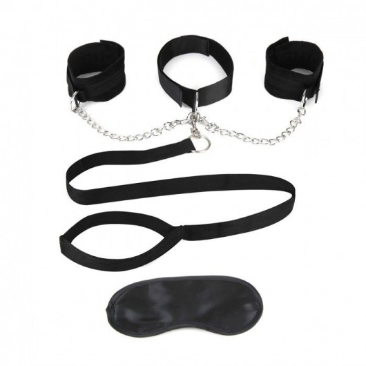 Чёрный ошейник с наручниками и поводком Collar Cuffs   Leash Set - Lux Fetish - купить с доставкой в Нефтекамске