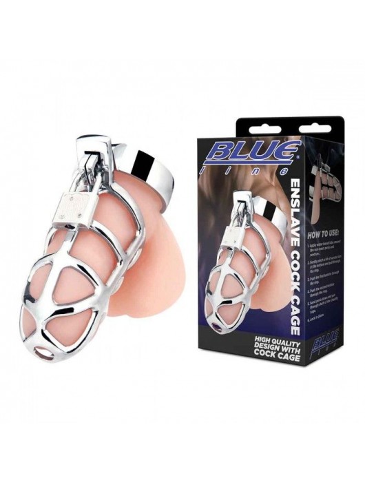 Серебристая металлическая клетка для члена с замком Enslave Cock Cage - BlueLine - купить с доставкой в Нефтекамске