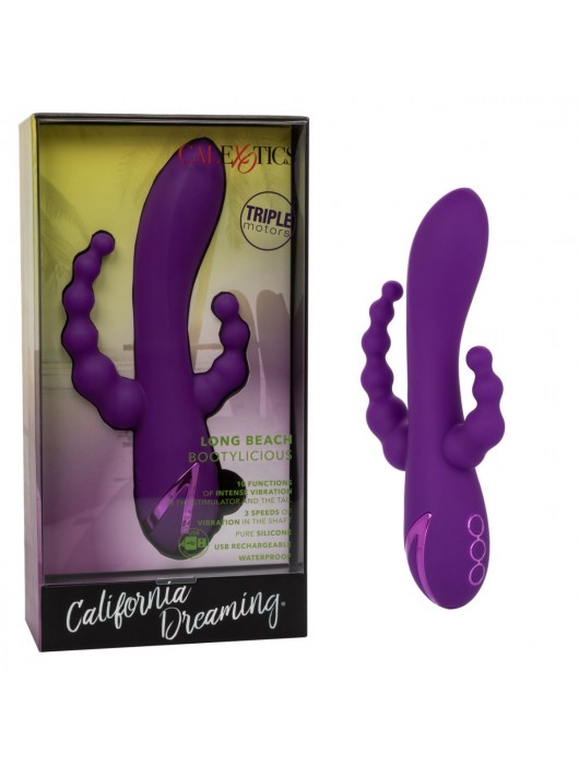 Фиолетовый вибромассажер-кролик Long Beach Bootylicious с анальной цепочкой - California Exotic Novelties