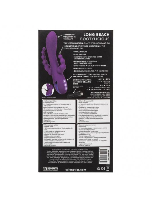 Фиолетовый вибромассажер-кролик Long Beach Bootylicious с анальной цепочкой - California Exotic Novelties