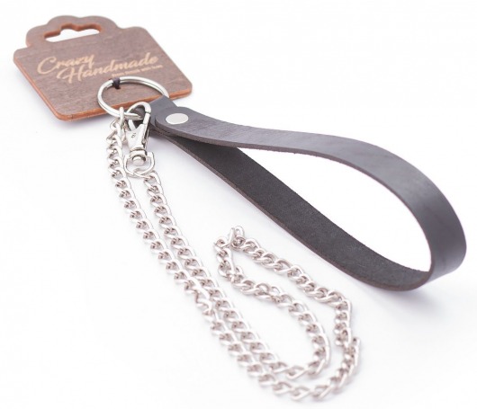 Серебристый металлический поводок с кожаной черной ручкой - 80 см. - Crazy Handmade - купить с доставкой в Нефтекамске