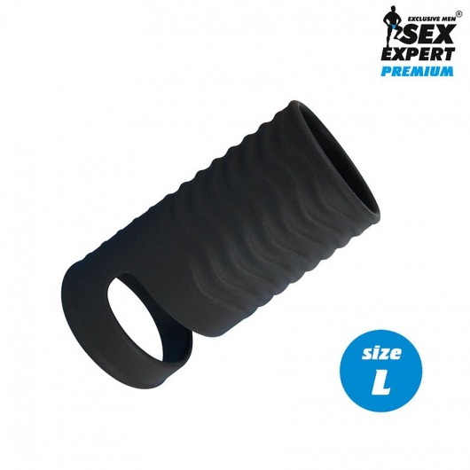 Черная открытая насадка на пенис с кольцом для мошонки L-size - 8,5 см. - Sex Expert - в Нефтекамске купить с доставкой