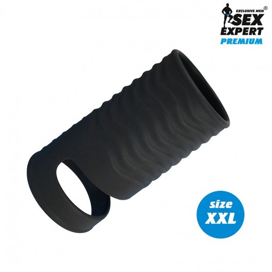 Черная открытая насадка на пенис с кольцом для мошонки XXL-size - 9,4 см. - Sex Expert - в Нефтекамске купить с доставкой