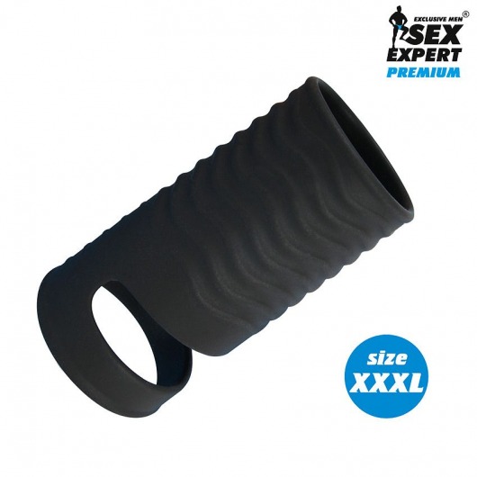 Черная открытая насадка на пенис с кольцом для мошонки XXXL-size - 9,9 см. - Sex Expert - в Нефтекамске купить с доставкой