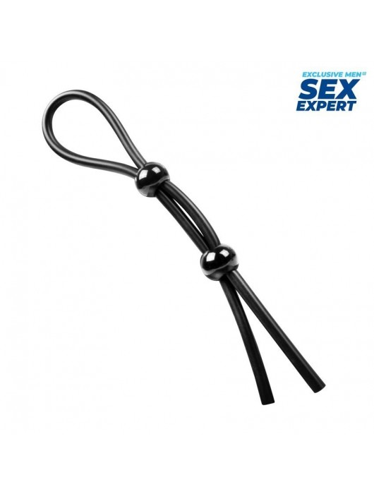 Черное силиконовое лассо с двумя шариками для утяжки - Sex Expert - в Нефтекамске купить с доставкой