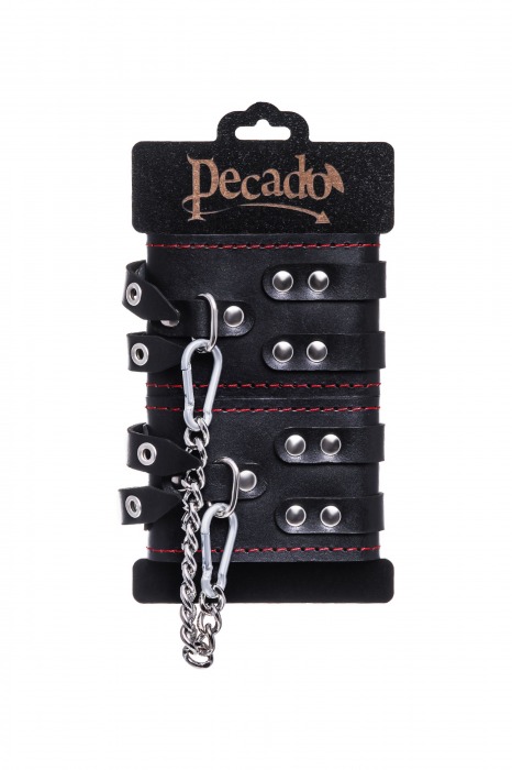 Черные кожаные оковы с двумя ремнями и контрастной строчкой - Pecado - купить с доставкой в Нефтекамске