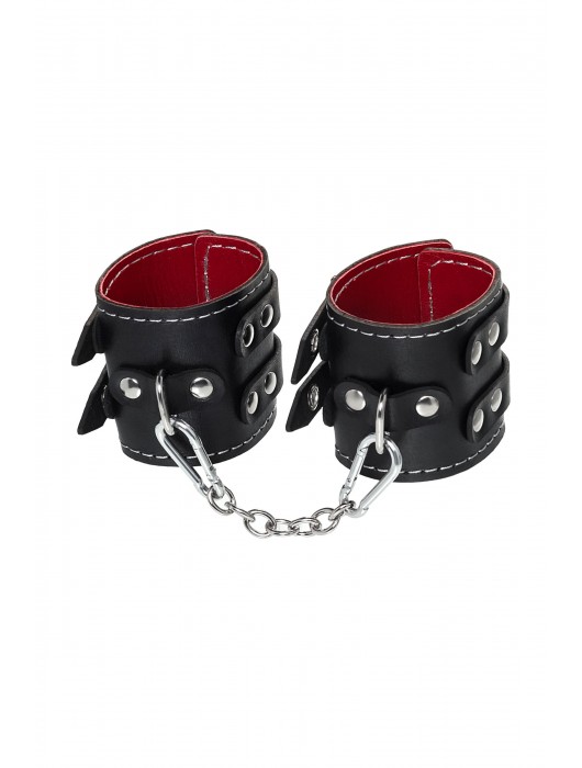 Черные кожаные наручники с двумя ремнями и красной подкладкой - Pecado - купить с доставкой в Нефтекамске