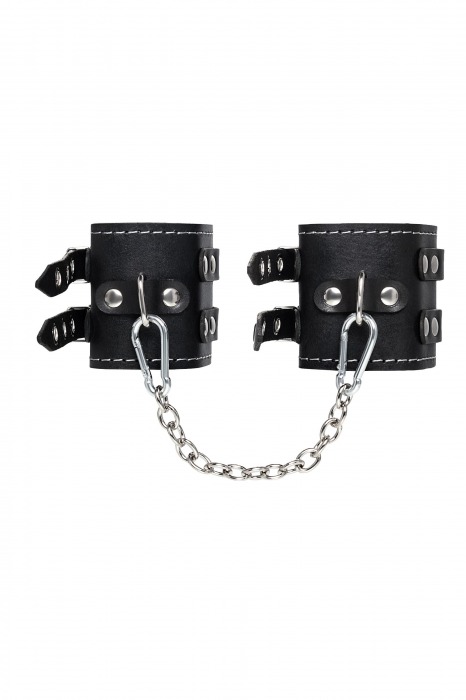 Черные кожаные оковы с двумя ремнями и красной подкладкой - Pecado - купить с доставкой в Нефтекамске