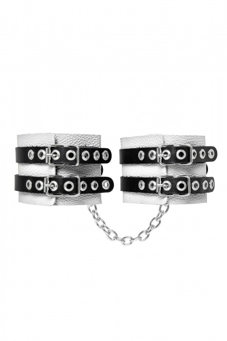 Бело-черные оковы с двумя ремешками и люверсами - Pecado - купить с доставкой в Нефтекамске