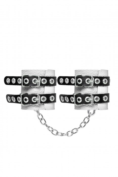 Бело-черные наручники с двумя ремешками и люверсами - Pecado - купить с доставкой в Нефтекамске