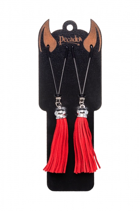 Зажимы на соски «Вилки» с красными кисточками из замши - Pecado - купить с доставкой в Нефтекамске