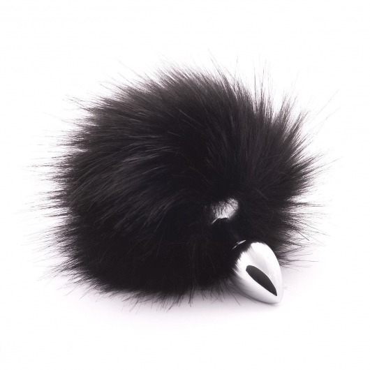 Серебристая анальная пробка с черным хвостиком из искусственного меха - Crazy Handmade