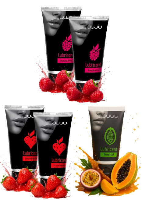 Набор из 5 съедобных лубрикантов JUJU (клубника х 2, малина х 2, тропические фрукты) - JuJu - купить с доставкой в Нефтекамске