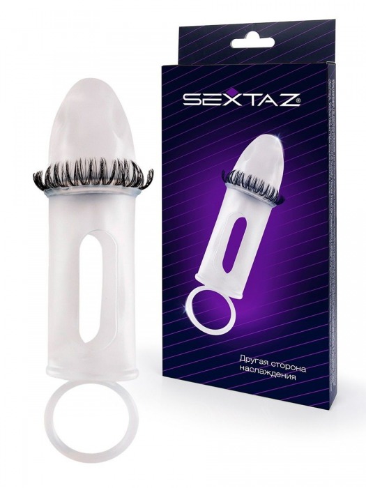 Закрытая насадка на пенис с подхватом мошонки и стимулирующими «ресничками» - Sextaz - в Нефтекамске купить с доставкой