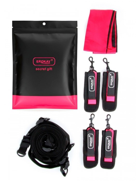 Черно-розовый эротический набор: фиксатор, оковы, наручники, повязка - Erokay - купить с доставкой в Нефтекамске