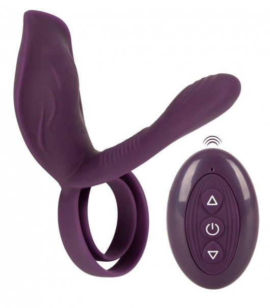Фиолетовая насадка на член с клиторальным отростком и пультом ДУ RC Couple’s Vibrator 2 - Orion - в Нефтекамске купить с доставкой